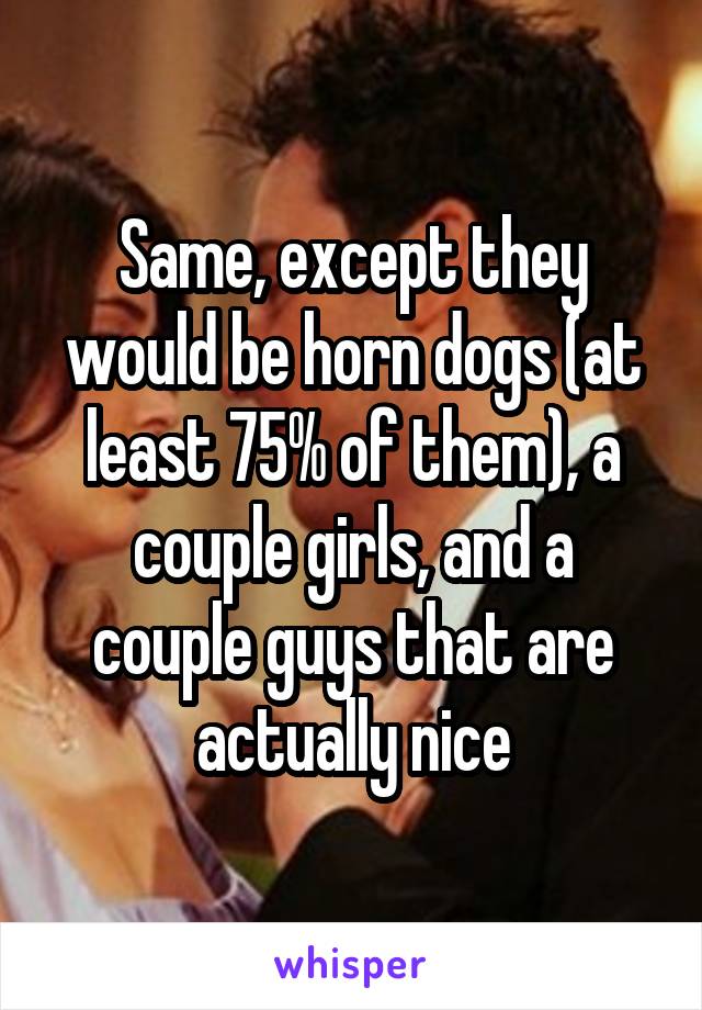 Same, except they would be horn dogs (at least 75% of them), a couple girls, and a couple guys that are actually nice