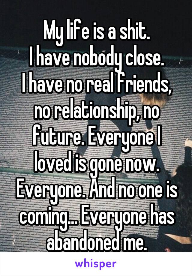 My life is a shit.
I have nobody close.
I have no real friends, no relationship, no future. Everyone I loved is gone now. Everyone. And no one is coming... Everyone has abandoned me.