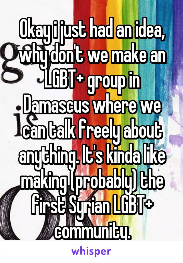 Okay i just had an idea, why don't we make an LGBT+ group in Damascus where we can talk freely about anything. It's kinda like making (probably) the first Syrian LGBT+ community.