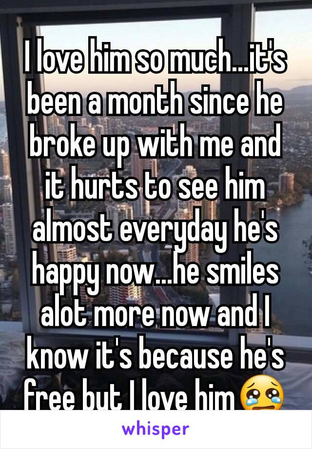 I love him so much...it's been a month since he broke up with me and it hurts to see him almost everyday he's happy now...he smiles alot more now and I know it's because he's free but I love him😢