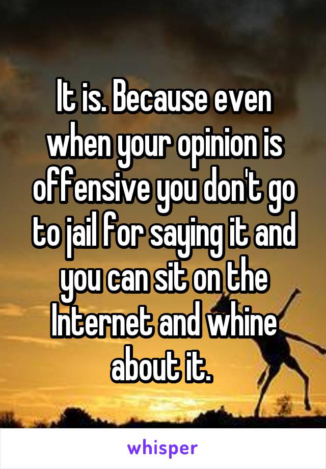 It is. Because even when your opinion is offensive you don't go to jail for saying it and you can sit on the Internet and whine about it. 