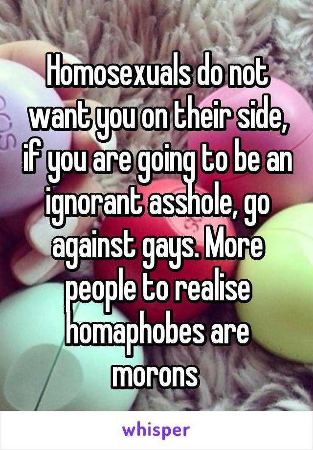 Homosexuals do not want you on their side, if you are going to be an ignorant asshole, go against gays. More people to realise homaphobes are morons 