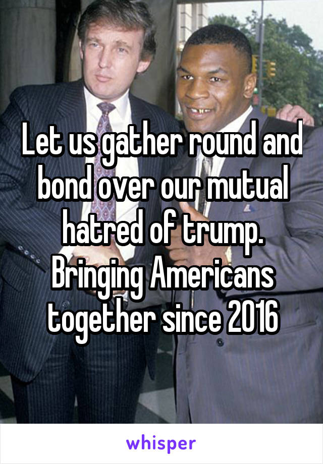 Let us gather round and bond over our mutual hatred of trump. Bringing Americans together since 2016