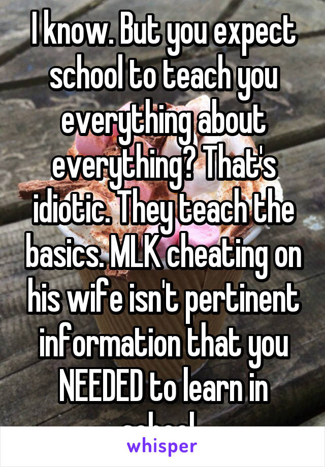 I know. But you expect school to teach you everything about everything? That's idiotic. They teach the basics. MLK cheating on his wife isn't pertinent information that you NEEDED to learn in school. 