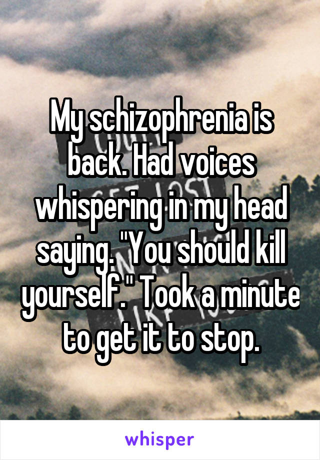 My schizophrenia is back. Had voices whispering in my head saying. "You should kill yourself." Took a minute to get it to stop.