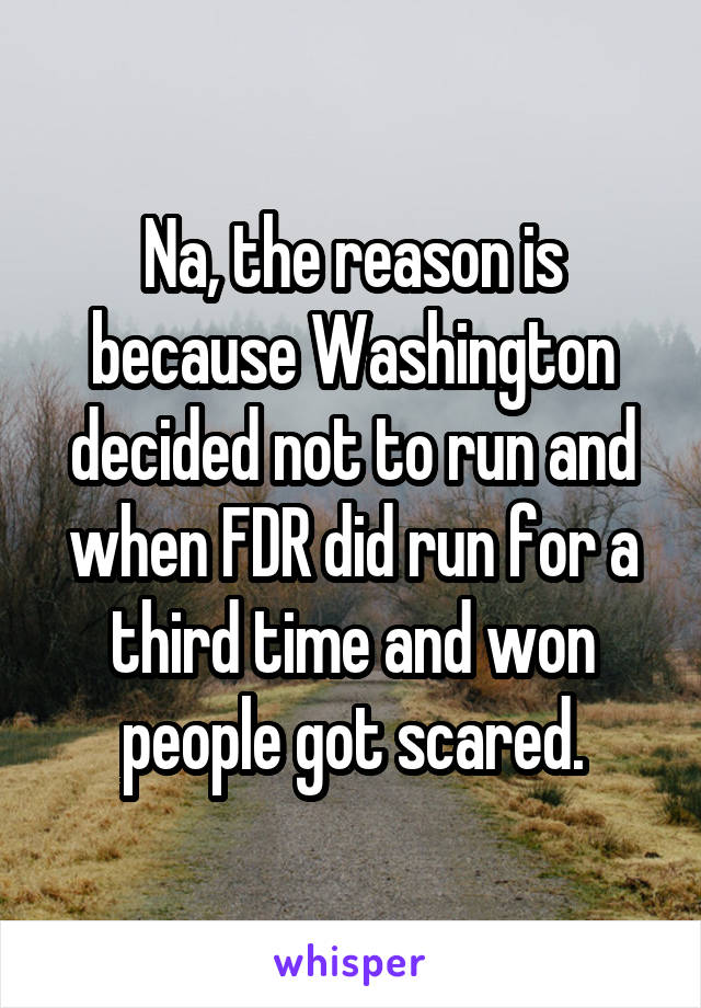 Na, the reason is because Washington decided not to run and when FDR did run for a third time and won people got scared.