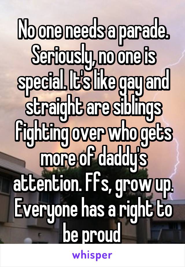 No one needs a parade. Seriously, no one is special. It's like gay and straight are siblings fighting over who gets more of daddy's attention. Ffs, grow up. Everyone has a right to be proud 