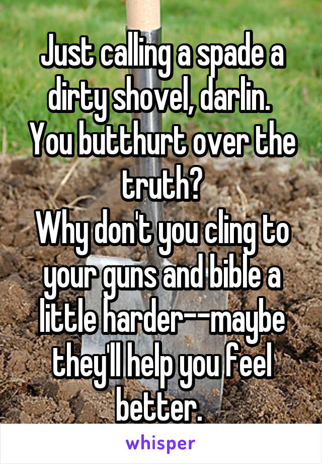 Just calling a spade a dirty shovel, darlin. 
You butthurt over the truth?
Why don't you cling to your guns and bible a little harder--maybe they'll help you feel better. 