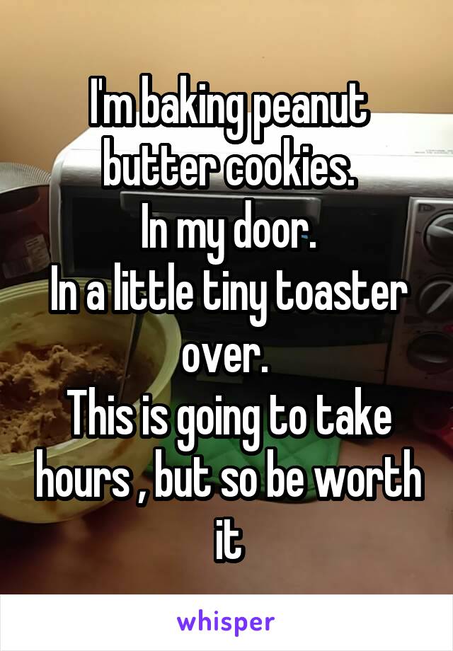 I'm baking peanut butter cookies.
In my door.
In a little tiny toaster over. 
This is going to take hours , but so be worth it