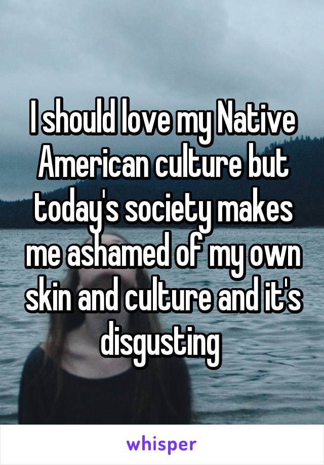 I should love my Native American culture but today's society makes me ashamed of my own skin and culture and it's disgusting 