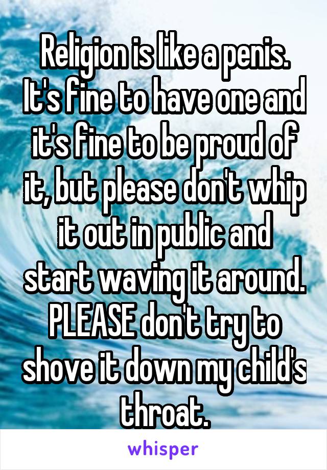 Religion is like a penis. It's fine to have one and it's fine to be proud of it, but please don't whip it out in public and start waving it around. PLEASE don't try to shove it down my child's throat.