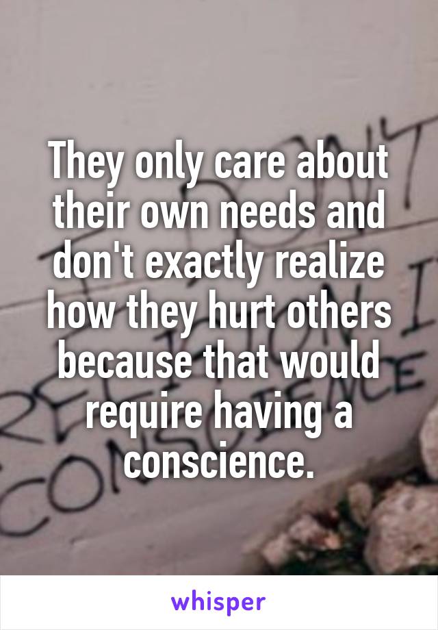 They only care about their own needs and don't exactly realize how they hurt others because that would require having a conscience.