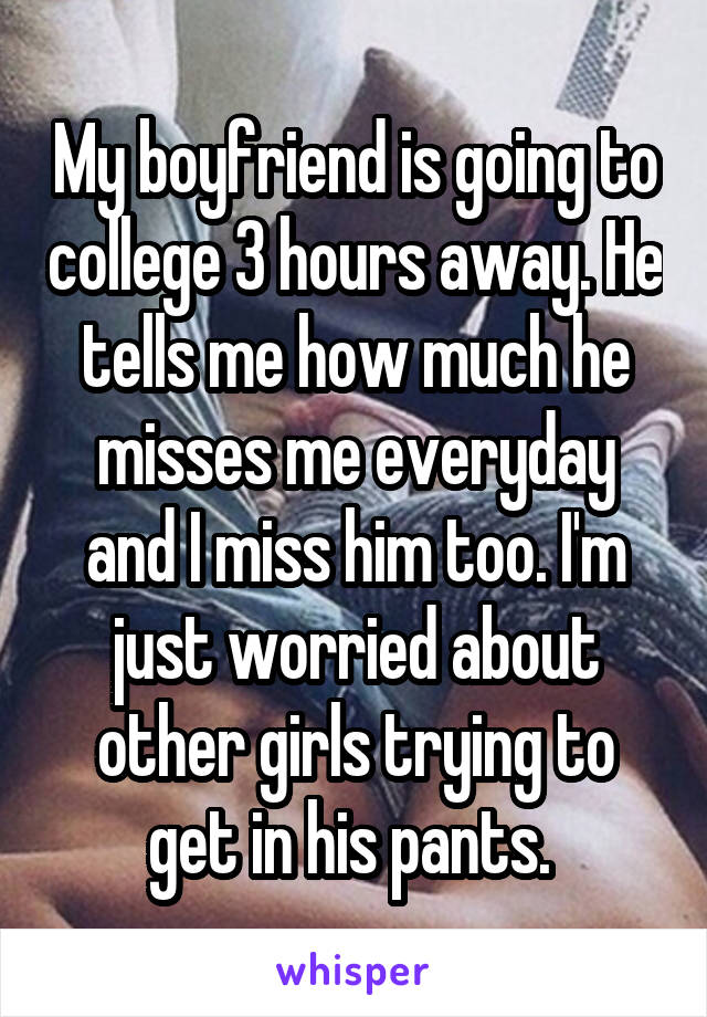 My boyfriend is going to college 3 hours away. He tells me how much he misses me everyday and I miss him too. I'm just worried about other girls trying to get in his pants. 
