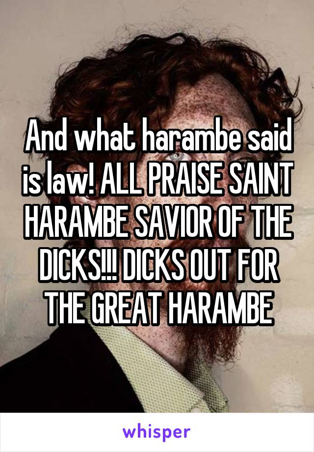 And what harambe said is law! ALL PRAISE SAINT HARAMBE SAVIOR OF THE DICKS!!! DICKS OUT FOR THE GREAT HARAMBE