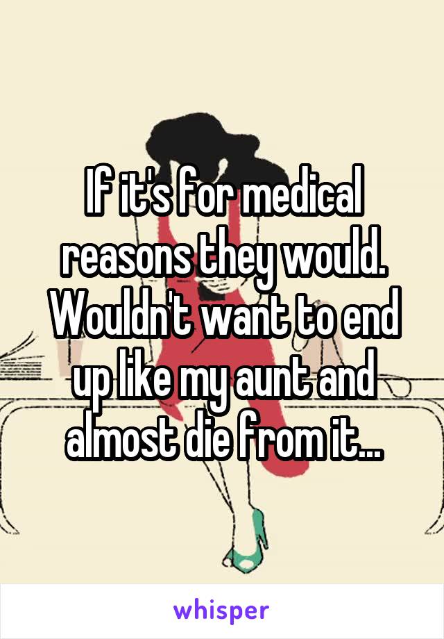 If it's for medical reasons they would. Wouldn't want to end up like my aunt and almost die from it...