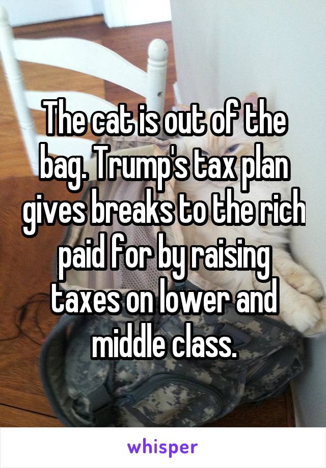 The cat is out of the bag. Trump's tax plan gives breaks to the rich paid for by raising taxes on lower and middle class.