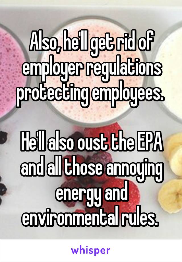 Also, he'll get rid of employer regulations protecting employees. 

He'll also oust the EPA and all those annoying energy and environmental rules. 