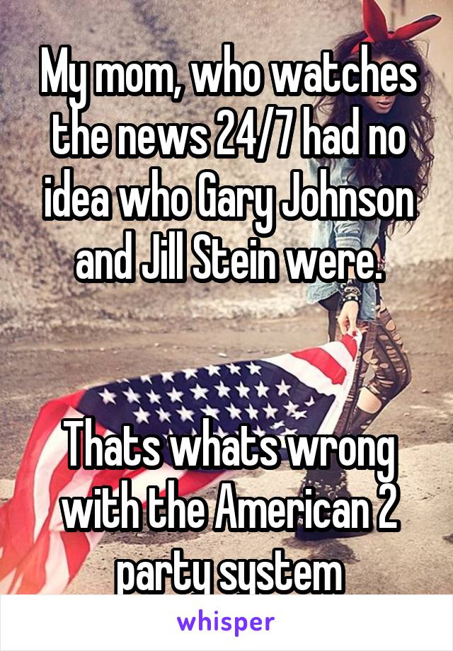 My mom, who watches the news 24/7 had no idea who Gary Johnson and Jill Stein were.


Thats whats wrong with the American 2 party system