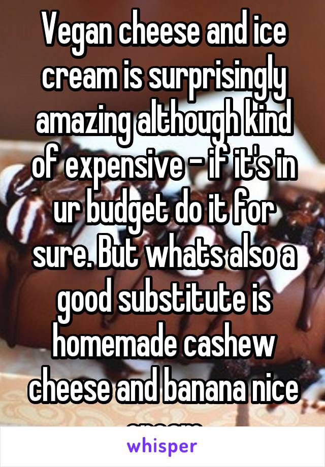 Vegan cheese and ice cream is surprisingly amazing although kind of expensive - if it's in ur budget do it for sure. But whats also a good substitute is homemade cashew cheese and banana nice cream