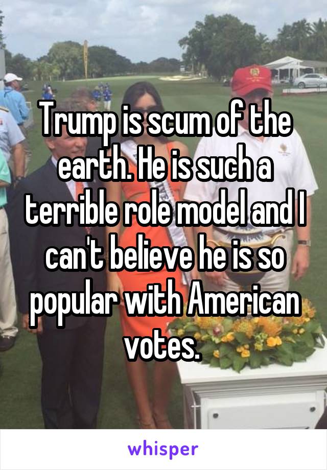 Trump is scum of the earth. He is such a terrible role model and I can't believe he is so popular with American votes. 