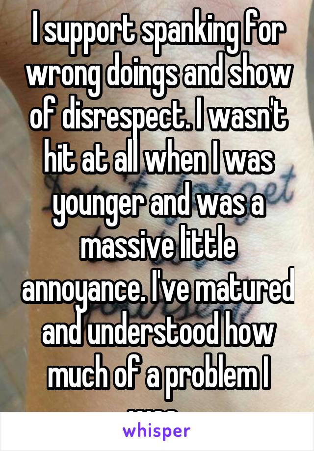 I support spanking for wrong doings and show of disrespect. I wasn't hit at all when I was younger and was a massive little annoyance. I've matured and understood how much of a problem I was. 