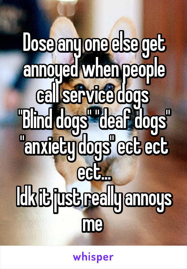 Dose any one else get annoyed when people call service dogs 
"Blind dogs" "deaf dogs" "anxiety dogs" ect ect ect...
Idk it just really annoys me 