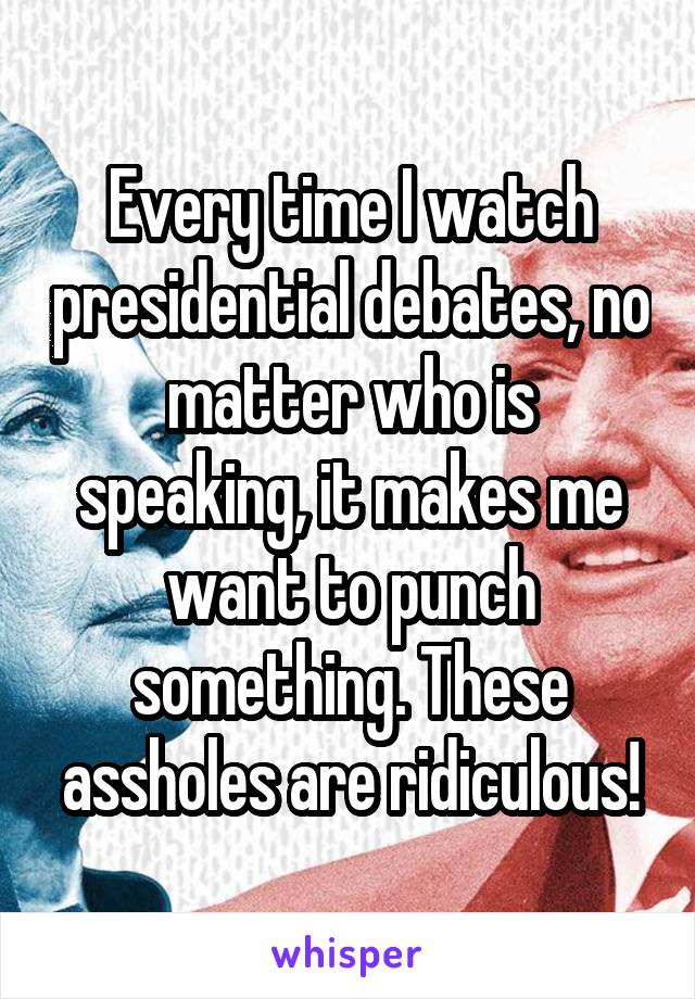 Every time I watch presidential debates, no matter who is speaking, it makes me want to punch something. These assholes are ridiculous!