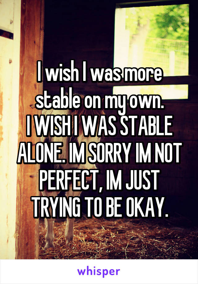 I wish I was more stable on my own.
I WISH I WAS STABLE ALONE. IM SORRY IM NOT PERFECT, IM JUST TRYING TO BE OKAY.