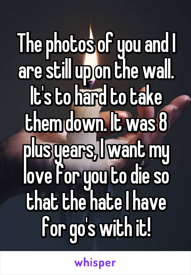 The photos of you and I are still up on the wall. It's to hard to take them down. It was 8 plus years, I want my love for you to die so that the hate I have for go's with it!