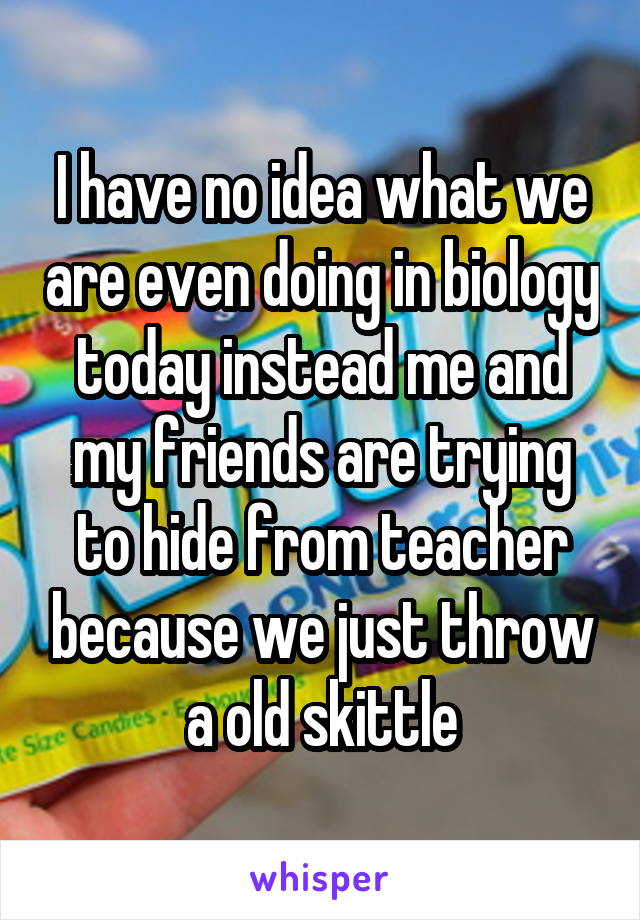 I have no idea what we are even doing in biology today instead me and my friends are trying to hide from teacher because we just throw a old skittle