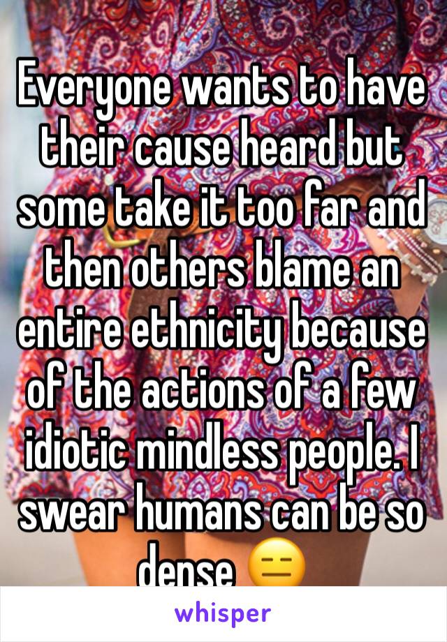 Everyone wants to have their cause heard but some take it too far and then others blame an entire ethnicity because of the actions of a few idiotic mindless people. I swear humans can be so dense 😑