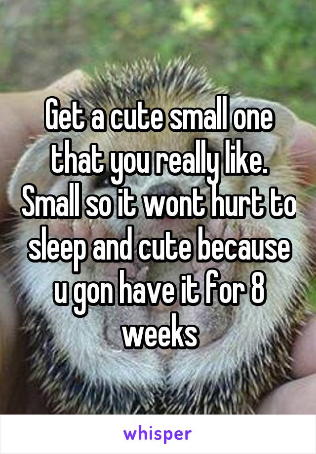 Get a cute small one that you really like. Small so it wont hurt to sleep and cute because u gon have it for 8 weeks