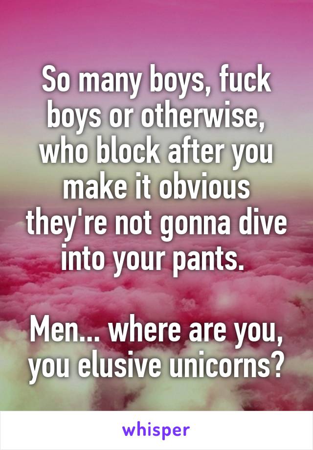 So many boys, fuck boys or otherwise, who block after you make it obvious they're not gonna dive into your pants. 

Men... where are you, you elusive unicorns?