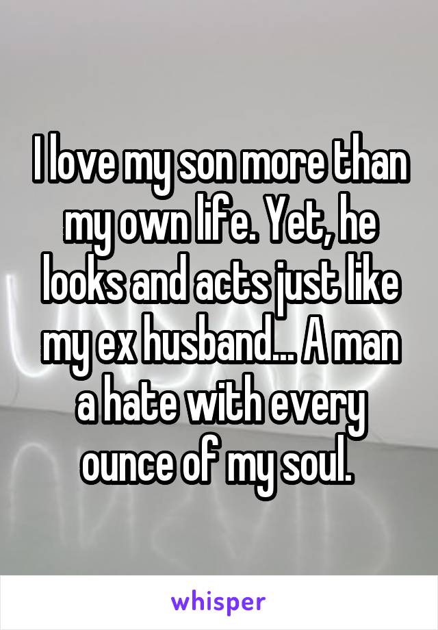 I love my son more than my own life. Yet, he looks and acts just like my ex husband... A man a hate with every ounce of my soul. 