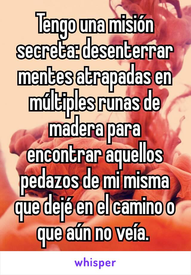 Tengo una misión secreta: desenterrar mentes atrapadas en múltiples runas de madera para encontrar aquellos pedazos de mi misma que dejé en el camino o que aún no veía. 