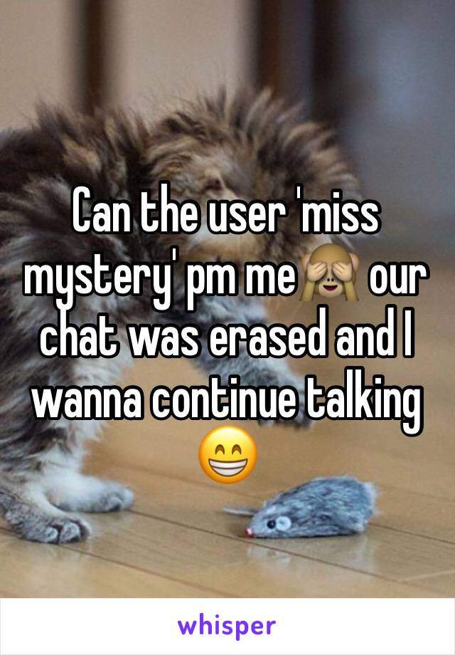 Can the user 'miss mystery' pm me🙈 our chat was erased and I wanna continue talking 😁