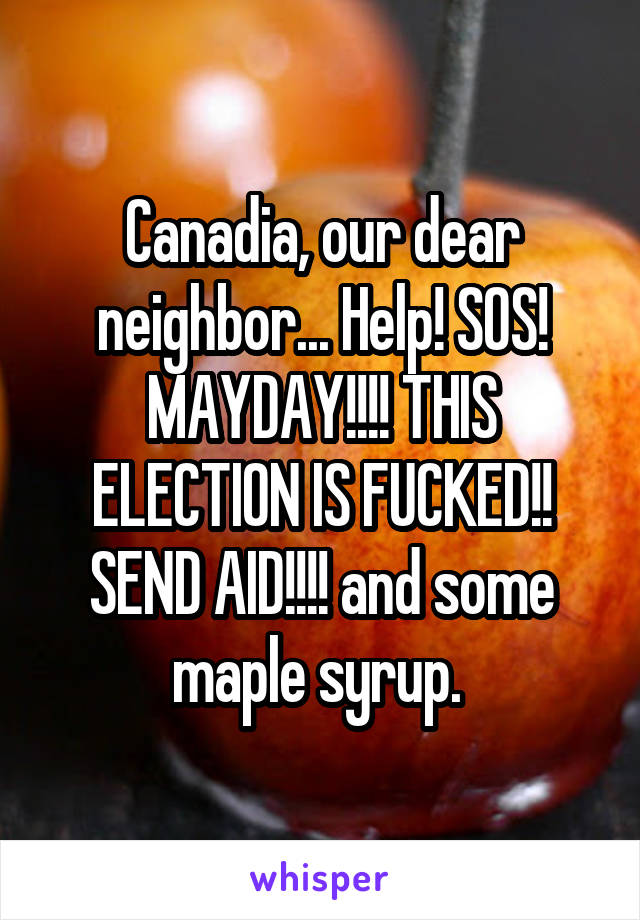 Canadia, our dear neighbor... Help! SOS! MAYDAY!!!! THIS ELECTION IS FUCKED!! SEND AID!!!! and some maple syrup. 