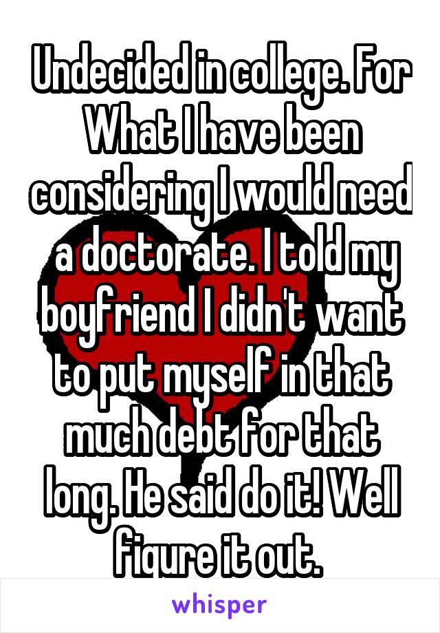 Undecided in college. For What I have been considering I would need  a doctorate. I told my boyfriend I didn't want to put myself in that much debt for that long. He said do it! Well figure it out. 