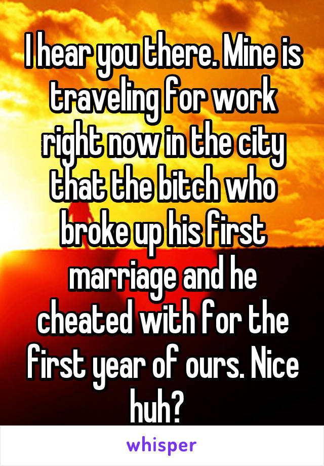 I hear you there. Mine is traveling for work right now in the city that the bitch who broke up his first marriage and he cheated with for the first year of ours. Nice huh?  