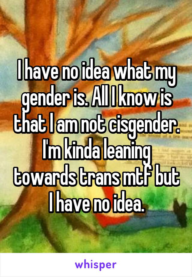 I have no idea what my gender is. All I know is that I am not cisgender. I'm kinda leaning towards trans mtf but I have no idea.