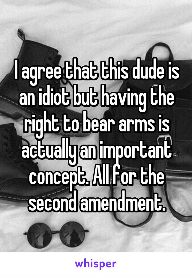 I agree that this dude is an idiot but having the right to bear arms is actually an important concept. All for the second amendment.