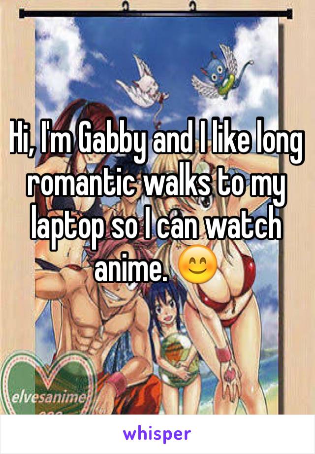 Hi, I'm Gabby and I like long romantic walks to my laptop so I can watch anime. 😊