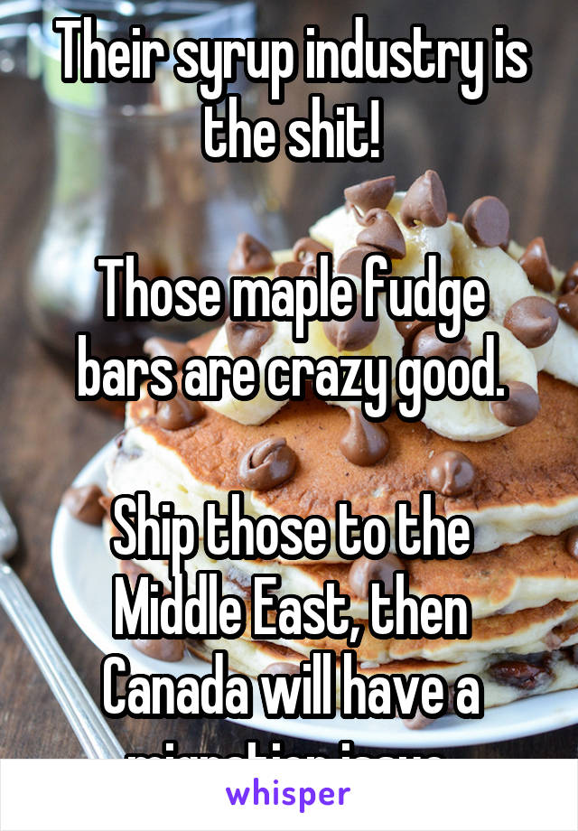 Their syrup industry is the shit!

Those maple fudge bars are crazy good.

Ship those to the Middle East, then Canada will have a migration issue.