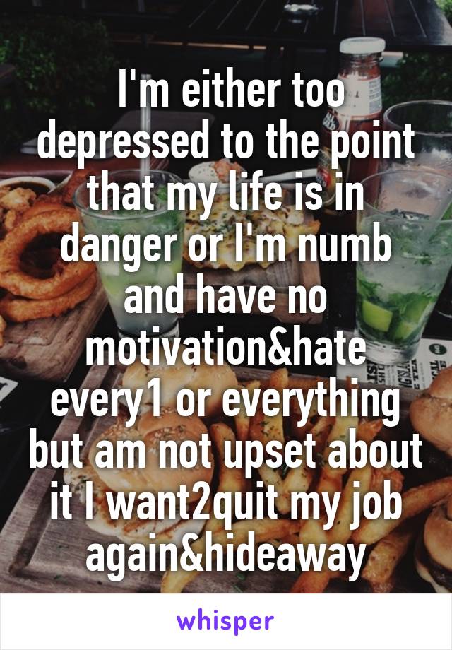  I'm either too depressed to the point that my life is in danger or I'm numb and have no motivation&hate every1 or everything but am not upset about it I want2quit my job again&hideaway