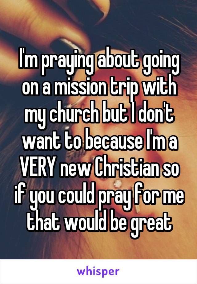 I'm praying about going on a mission trip with my church but I don't want to because I'm a VERY new Christian so if you could pray for me that would be great