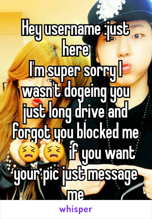 Hey username :just here
I'm super sorry I wasn't dogeing you just long drive and forgot you blocked me😣😣 if you want your pic just message me