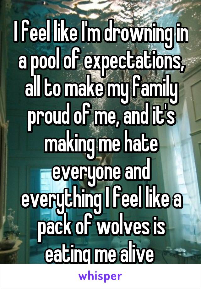 I feel like I'm drowning in a pool of expectations, all to make my family proud of me, and it's making me hate everyone and everything I feel like a pack of wolves is eating me alive 