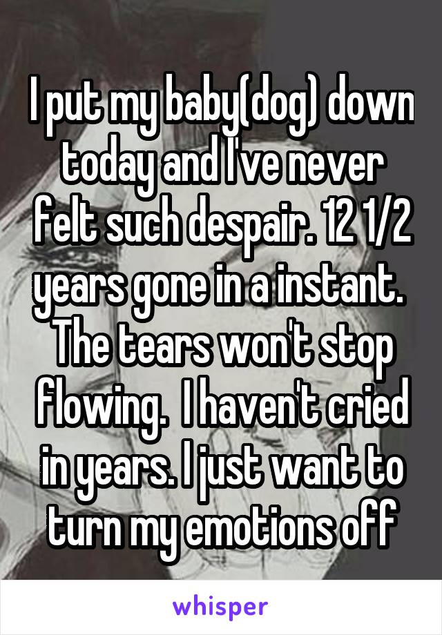 I put my baby(dog) down today and I've never felt such despair. 12 1/2 years gone in a instant.  The tears won't stop flowing.  I haven't cried in years. I just want to turn my emotions off