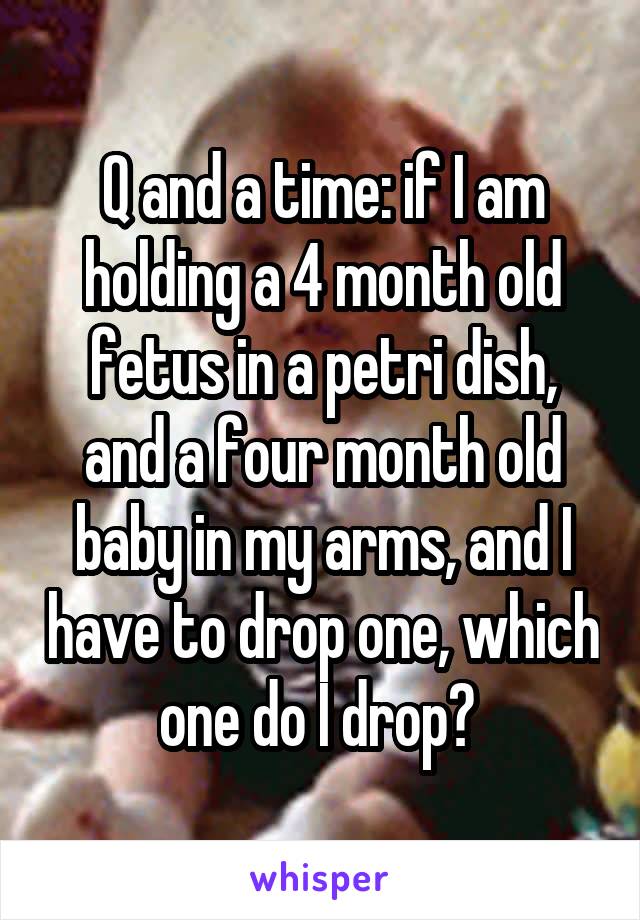 Q and a time: if I am holding a 4 month old fetus in a petri dish, and a four month old baby in my arms, and I have to drop one, which one do I drop? 