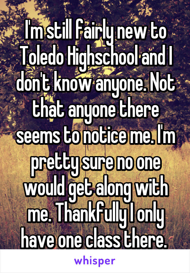 I'm still fairly new to Toledo Highschool and I don't know anyone. Not that anyone there seems to notice me. I'm pretty sure no one would get along with me. Thankfully I only have one class there. 